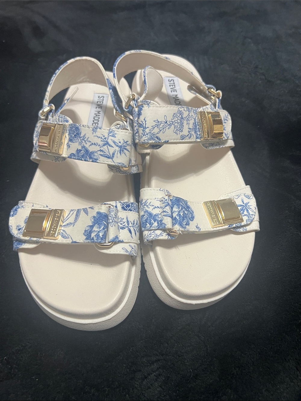 Steve Madden Women White Sandals with Blue Floral Straps and Gold Hardware